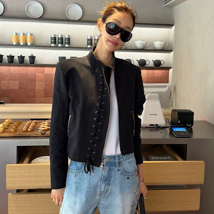 Damen Kurz geschnittene Schnür-Bikerjacke mit asymmetrischem Reißverschluss Shop Nory