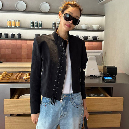 Damen Kurz geschnittene Schnür-Bikerjacke mit asymmetrischem Reißverschluss Shop Nory