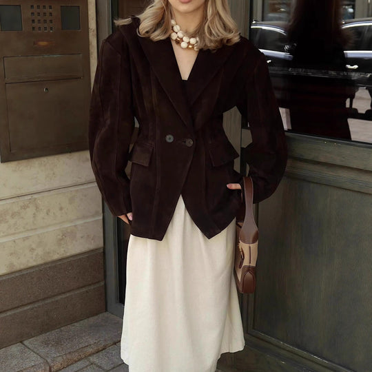 Damen Taillierter Velours‑Imitatblazer mit Doppelreiher und Pattentaschen Shop Nory