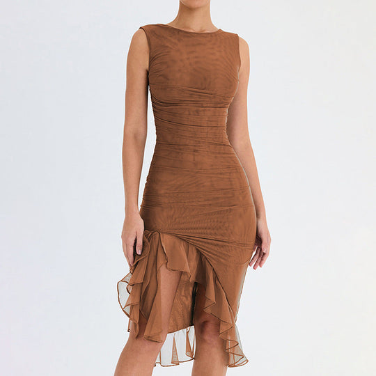 Damen figurbetontes Cocktailkleid mit raffinierten Rüschendetails und asymmetrischem Saum