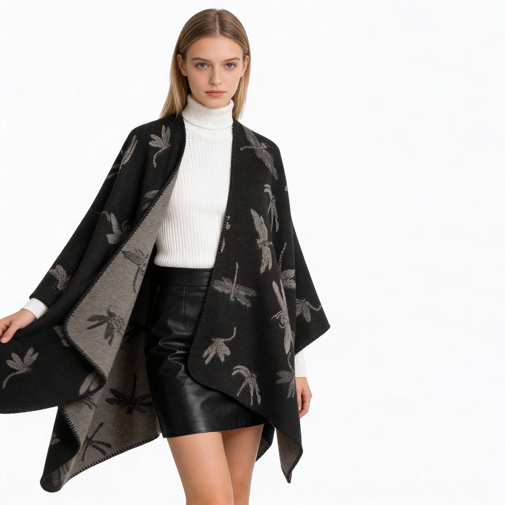 Damen Wollmix-Poncho mit Libellen-Jacquard und offenem Wasserfall-Schnitt Shop Nory