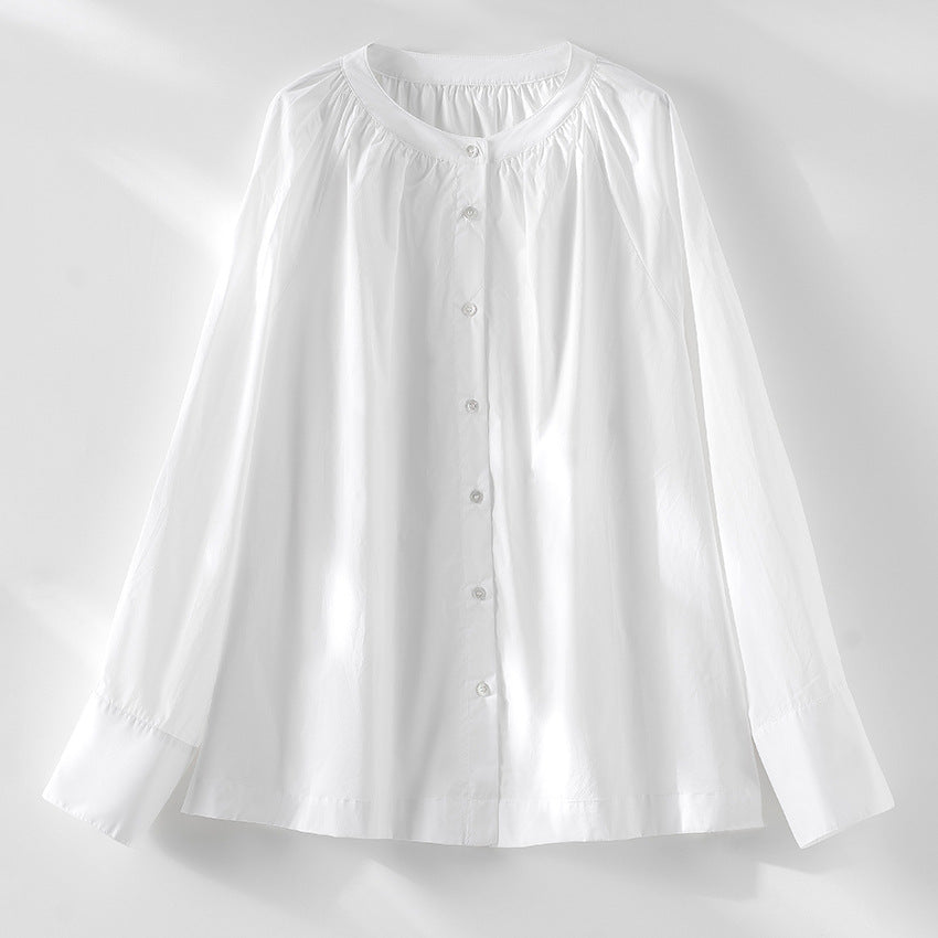 Damen Bluse mit gerafftem Rundhalsausschnitt und durchgehender Knopfleiste Shop Nory