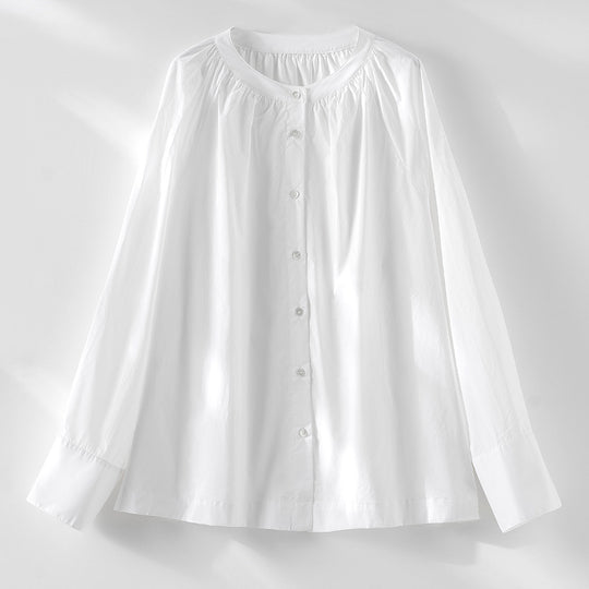 Damen Bluse mit gerafftem Rundhalsausschnitt und durchgehender Knopfleiste Shop Nory