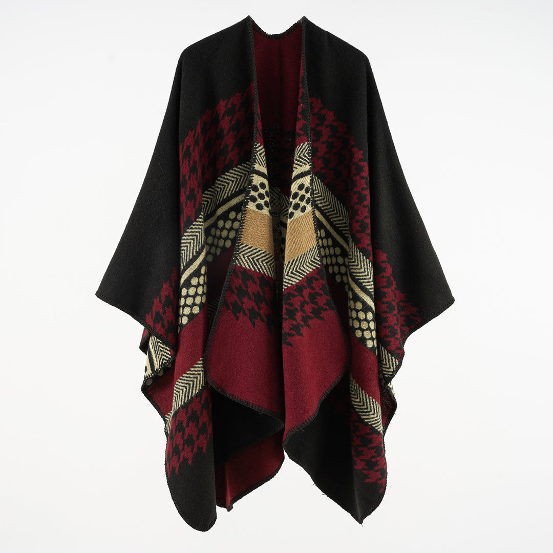 Damen Wohliger Oversize-Umhangponcho aus Wollmix mit Hahnentritt- und Grafikjacquard Shop Nory