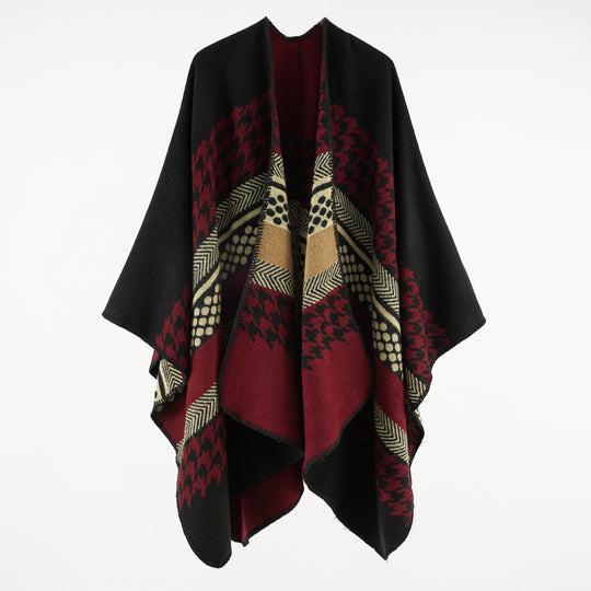 Damen Wohliger Oversize-Umhangponcho aus Wollmix mit Hahnentritt- und Grafikjacquard Shop Nory