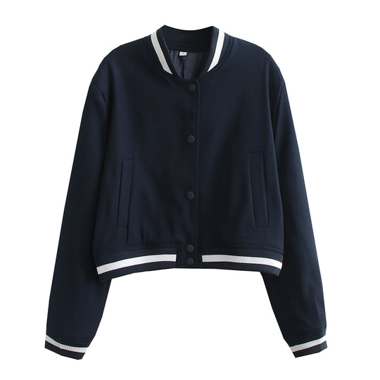 Damen Kurz geschnittene Collegejacke mit Rippbündchen und Druckknöpfen Shop Nory