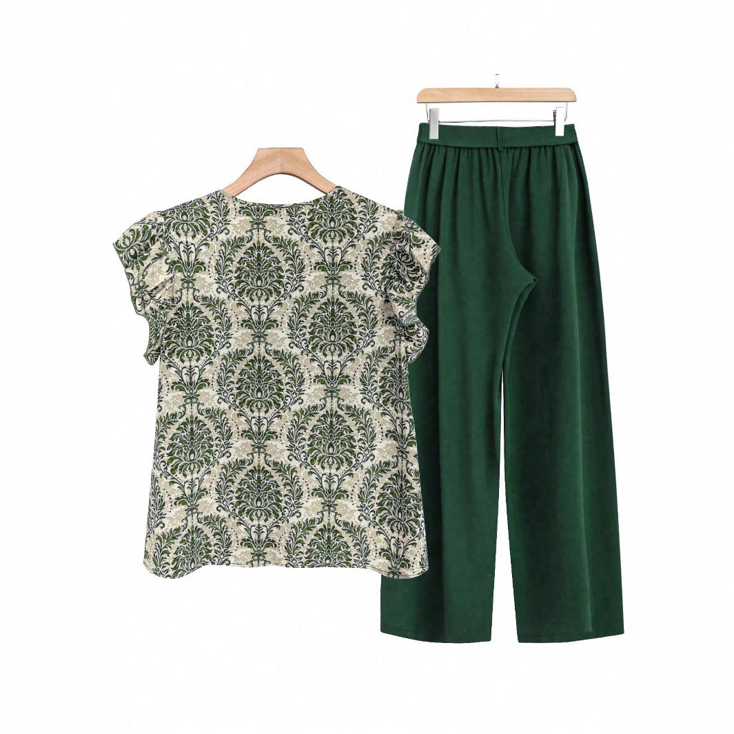 Damen Zweiteiliges Ensemble mit Rüschen-Printbluse und weitem Taillen-Hosenmodell Shop Nory