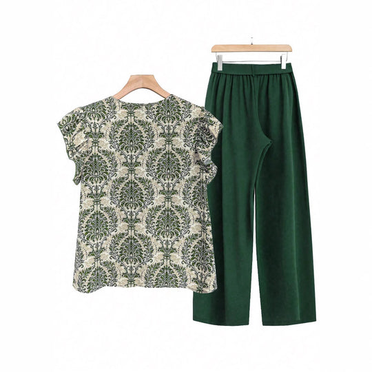 Damen Zweiteiliges Ensemble mit Rüschen-Printbluse und weitem Taillen-Hosenmodell Shop Nory
