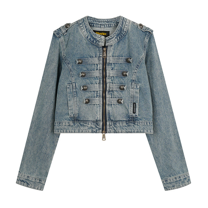 Damen Cropped-Denimjacke im Military‑Stil mit Zierknopfleisten Shop Nory