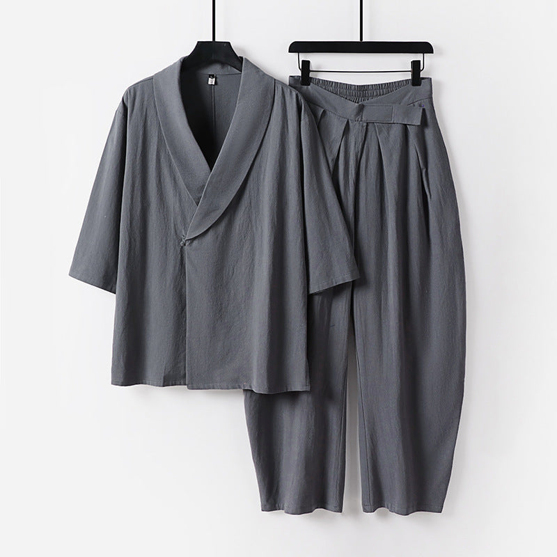 Damen Zweiteiliges Kimono-Loungewear-Set mit Schalkragen Kurzarm-Oberteil und hochtaillierter Plissee-Hose Shop Nory