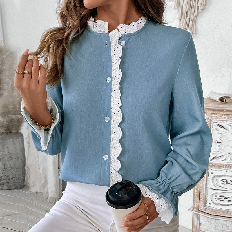 Damen Romantische Bluse mit Häkelspitzen-Besatz und Ballonärmeln Shop Nory