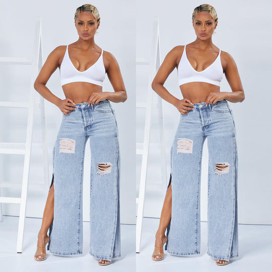Damen Weite High‑Waist Denim‑Jeans mit hohen Seitenschlitzen und Destroyed‑Details Shop Nory