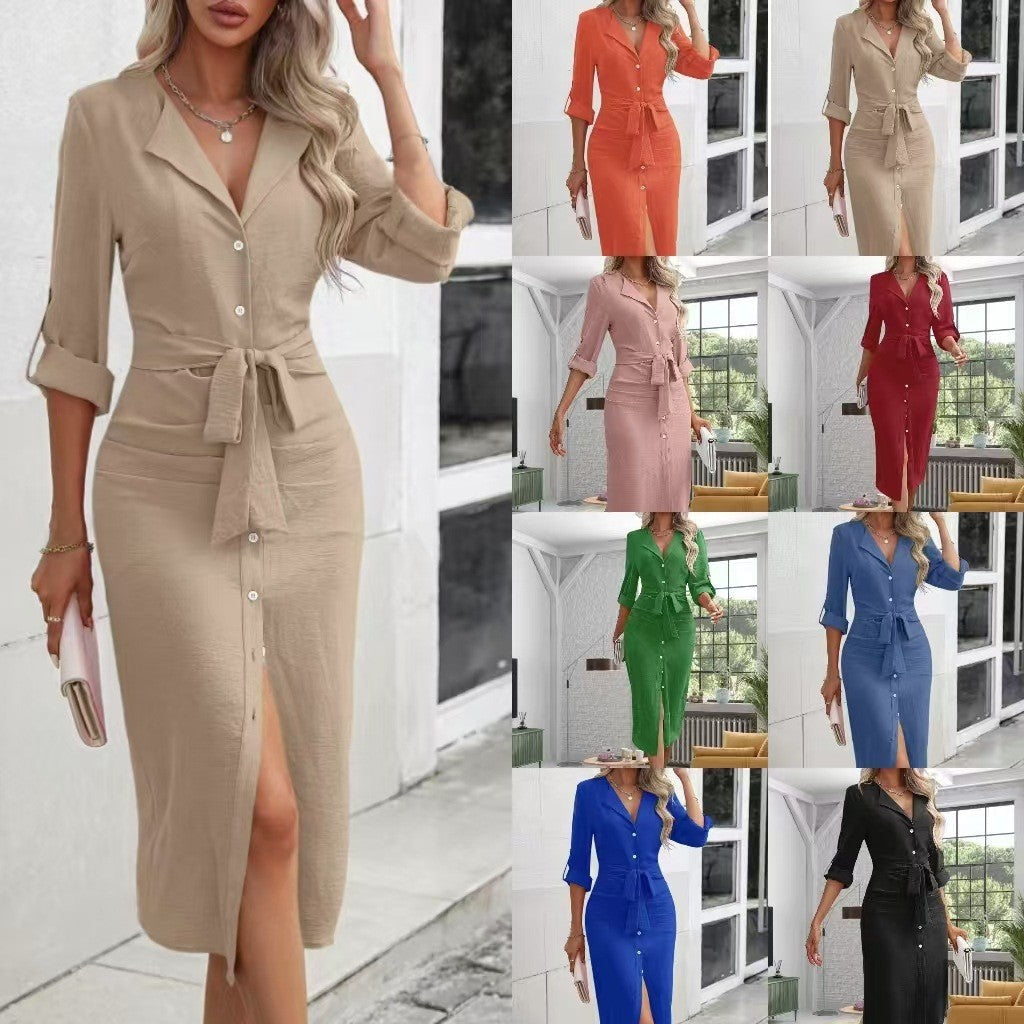 Damen Hemdblusenkleid mit eleganter Taillenschnürung und Knopfleiste