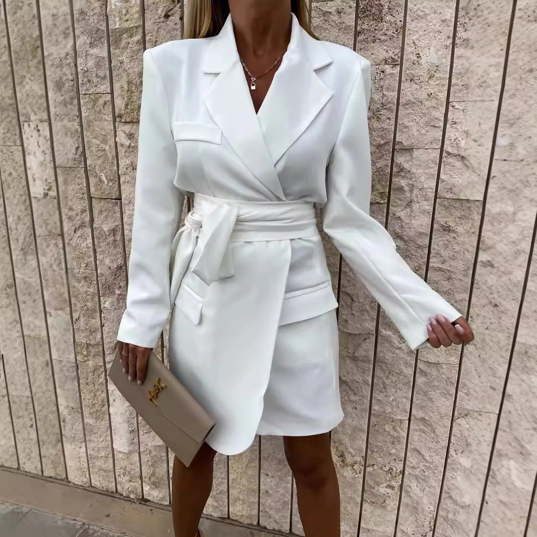 Damen elegantes Mikrokleid mit Gürtel und Taschen