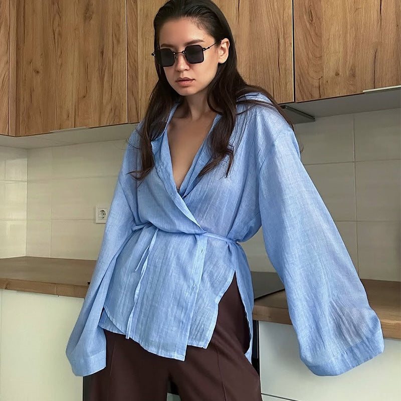 Damen lässige Leinenbluse mit bindbarem Gürtel Shopnory