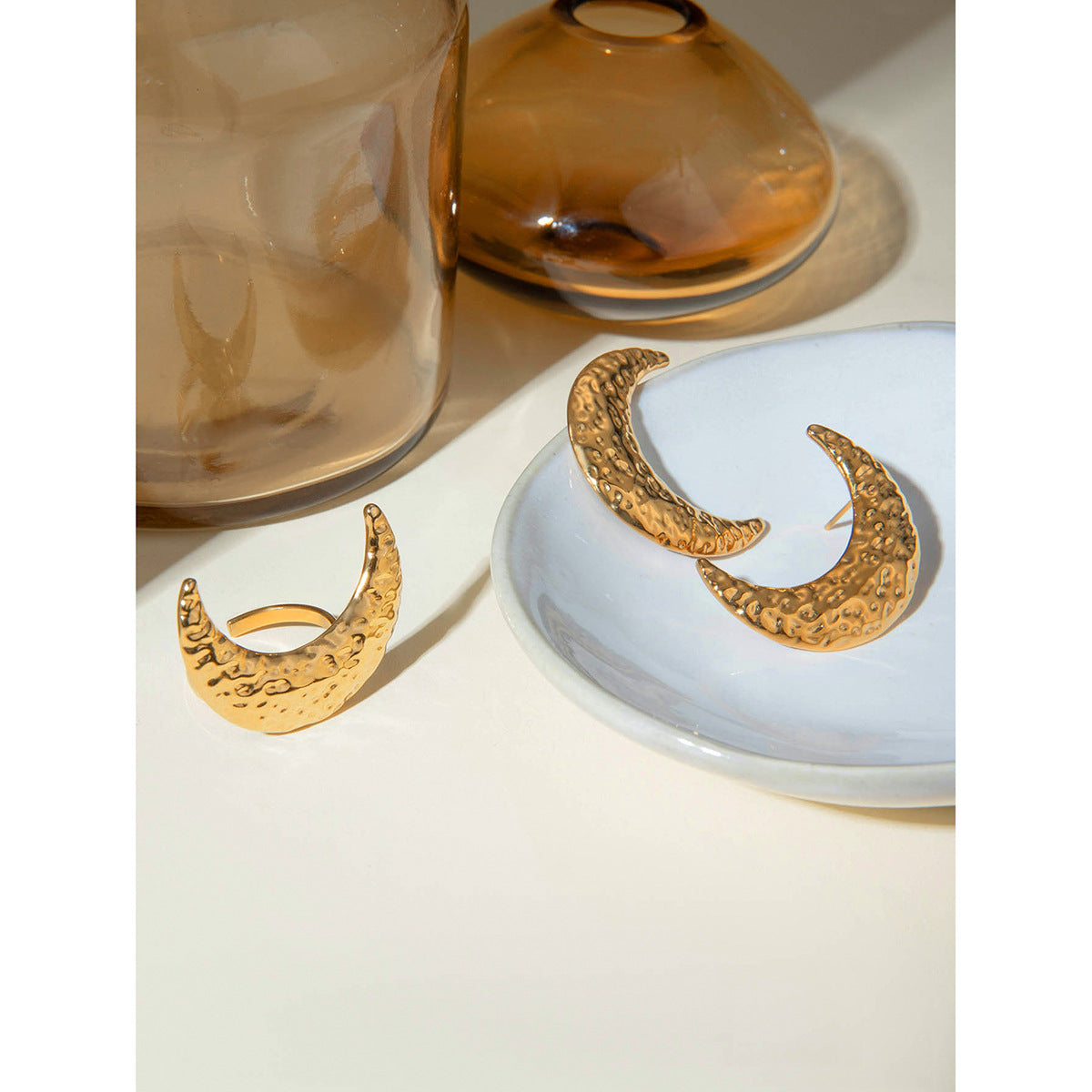 Damen Offener Ring mit strukturiertem Monddesign aus hypoallergenem Edelstahl Shop Nory