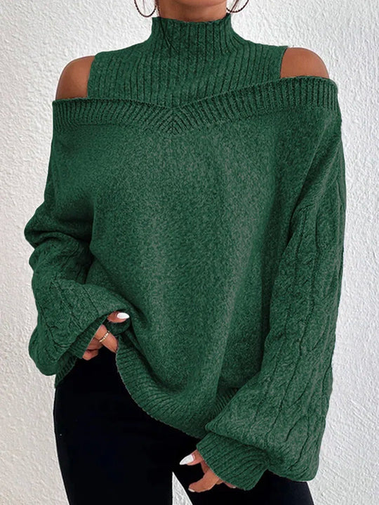 Damen nan schulterfreier Strickpullover mit Stehkragen und Zopfmusterärmeln Shop Nory