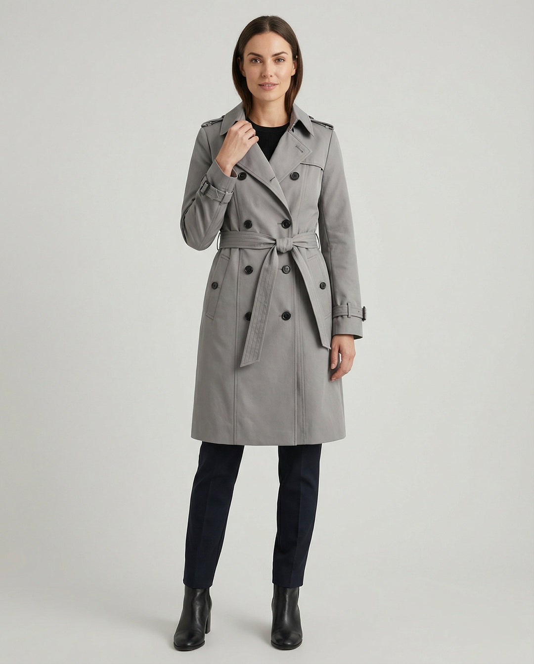 Damen Fashion Trends weit geschnittener doppelreihiger Trenchcoat mit Taillengürtel und Schulterpatten