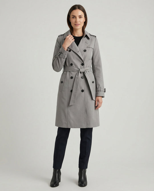 Damen Fashion Trends weit geschnittener doppelreihiger Trenchcoat mit Taillengürtel und Schulterpatten