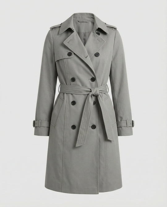 Damen Fashion Trends weit geschnittener doppelreihiger Trenchcoat mit Taillengürtel und Schulterpatten
