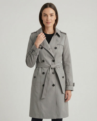 Damen Fashion Trends weit geschnittener doppelreihiger Trenchcoat mit Taillengürtel und Schulterpatten