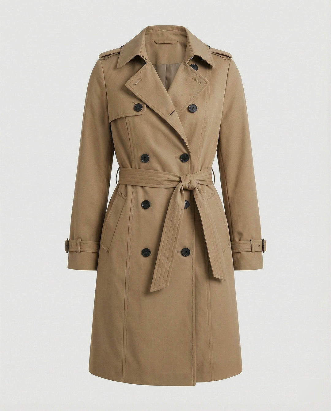Damen Fashion Trends weit geschnittener doppelreihiger Trenchcoat mit Taillengürtel und Schulterpatten