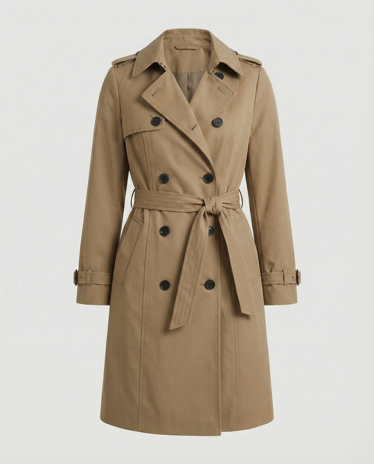 Damen Fashion Trends weit geschnittener doppelreihiger Trenchcoat mit Taillengürtel und Schulterpatten