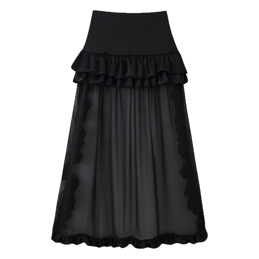 Damen Maxirock mit hohem Bund, mehrlagigem Volantbund und plissiertem Transparenteinsatz Shop Nory
