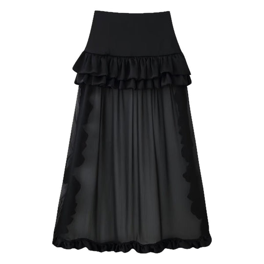 Damen Maxirock mit hohem Bund, mehrlagigem Volantbund und plissiertem Transparenteinsatz Shop Nory