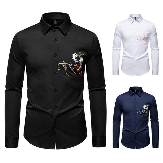 Herren Slim-Fit Businesshemd mit aufwendiger Bruststickerei und Kentkragen Shop Nory