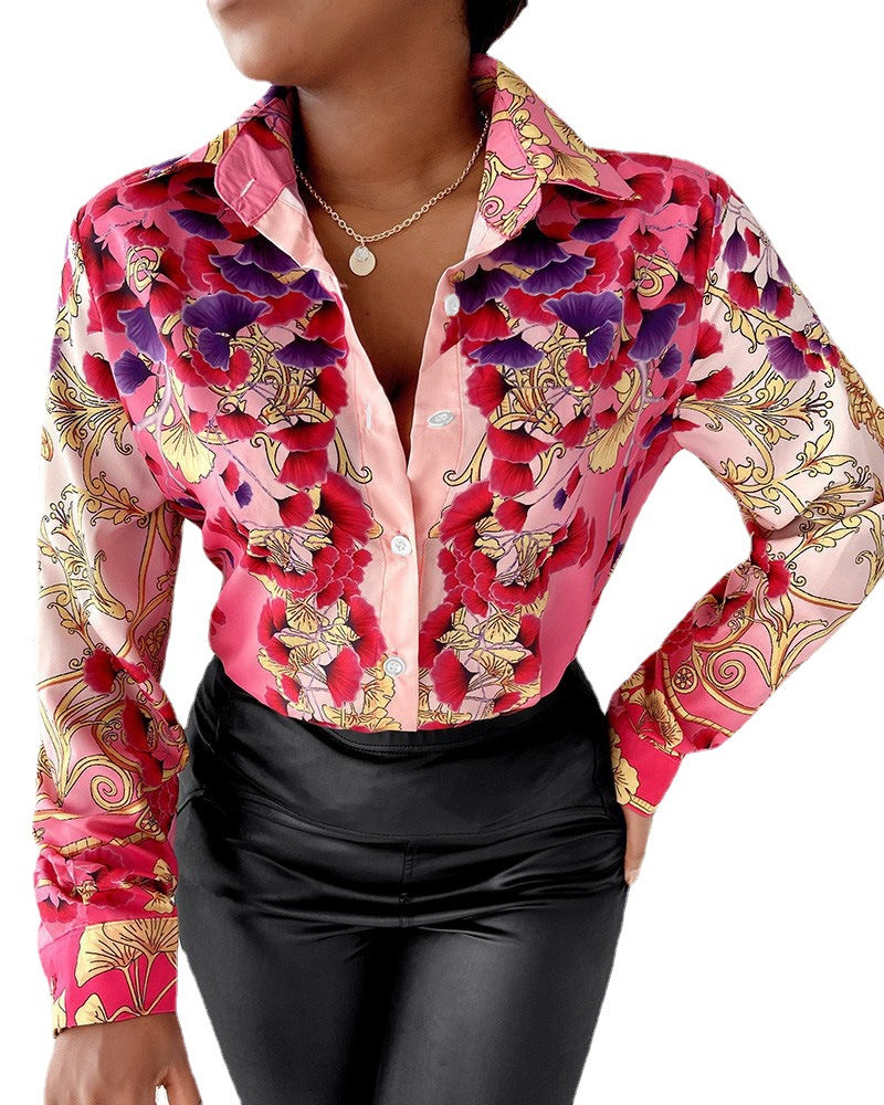Damen Schicke Druckbluse mit modischem Kragen und figurbetonendem Schnitt Shopnory