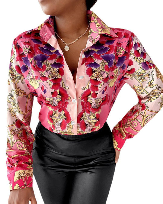 Damen Schicke Druckbluse mit modischem Kragen und figurbetonendem Schnitt Shopnory