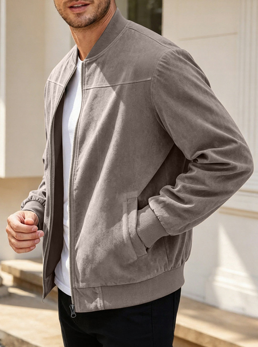 Herren Leichte Bomberjacke im Velours-Look mit Reißverschluss und Rippbündchen Shop Nory