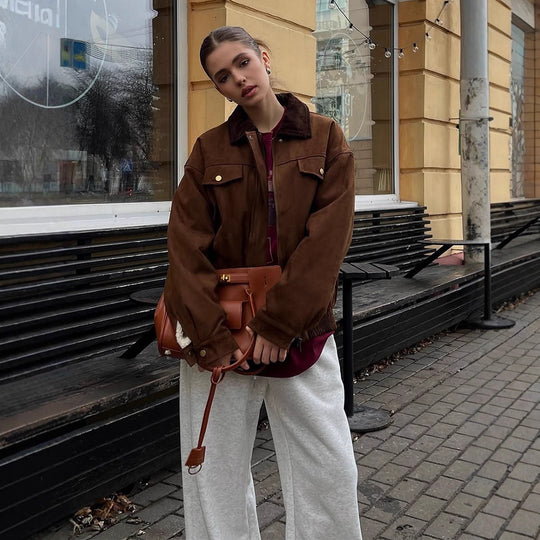Damen Boxy-Suede-Blousonjacke mit Cordkragen und Teddyfutter Shop Nory