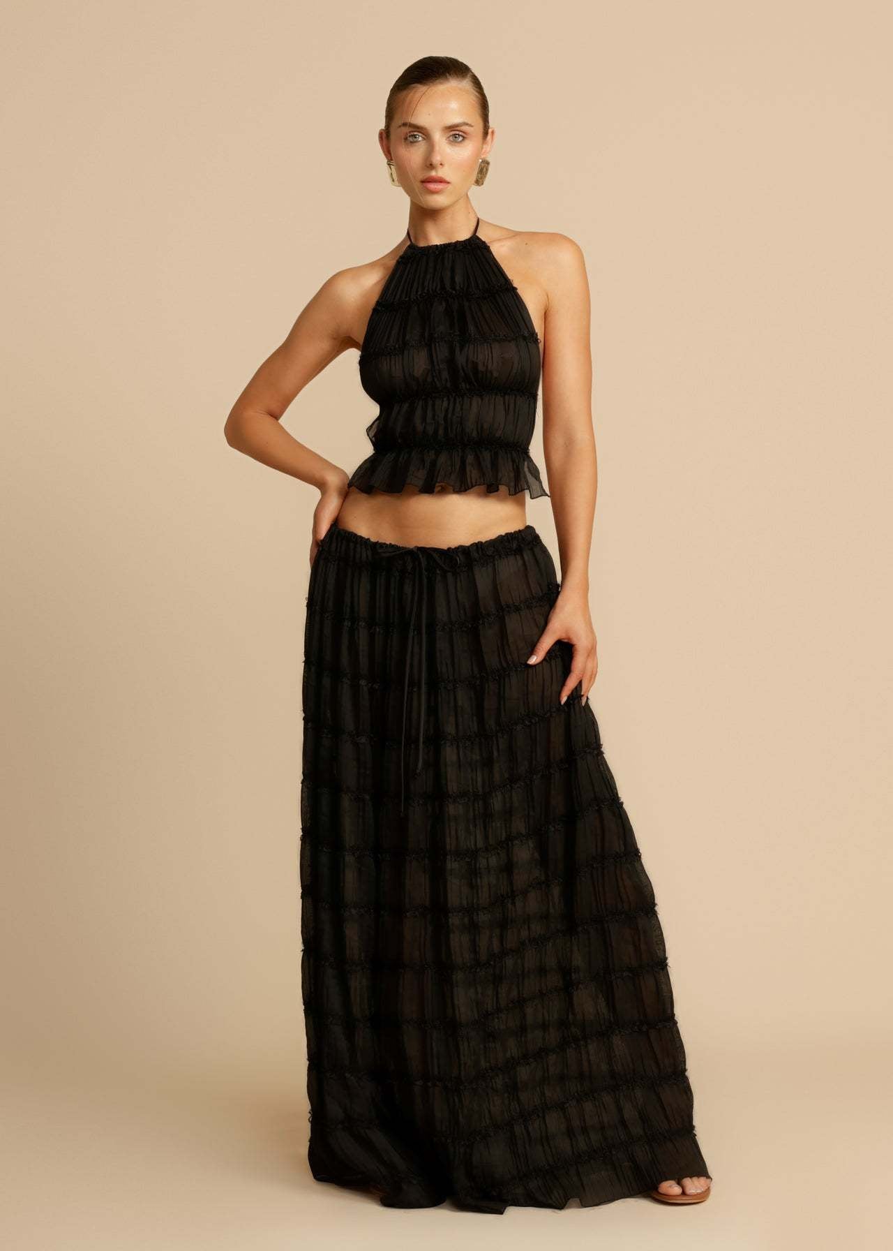 Damen Elegantes und verspieltes Zweiteiliges Sommerkleid mit gerafftem Oberteil und fließendem Rock