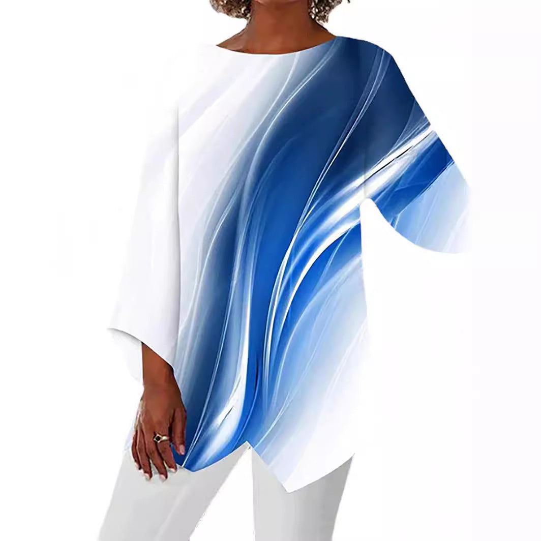 Damen asymmetrisches Langarmshirt mit Grafikdruck und Fledermausärmeln Shop Nory