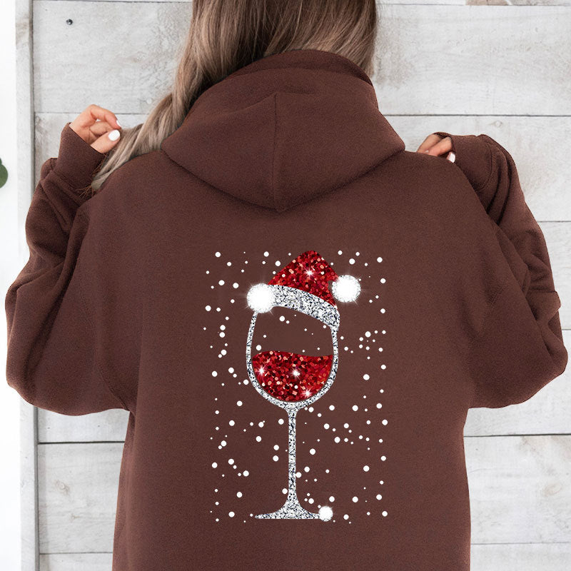 Damen Oversize Kapuzenpullover mit weihnachtlichem Glitzer-Weinglas-Print Shop Nory