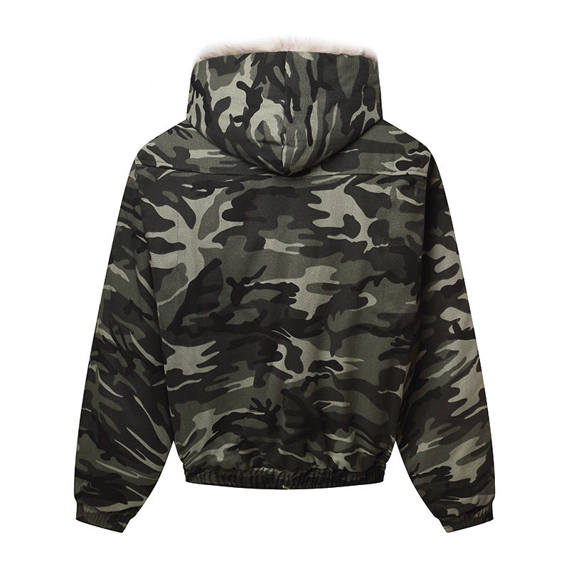 Unisex Wattierte Kapuzenjacke im Camouflagemuster mit Teddyfutter und elastischem Saum Shop Nory