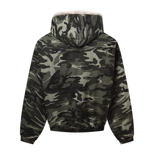 Unisex Wattierte Kapuzenjacke im Camouflagemuster mit Teddyfutter und elastischem Saum Shop Nory