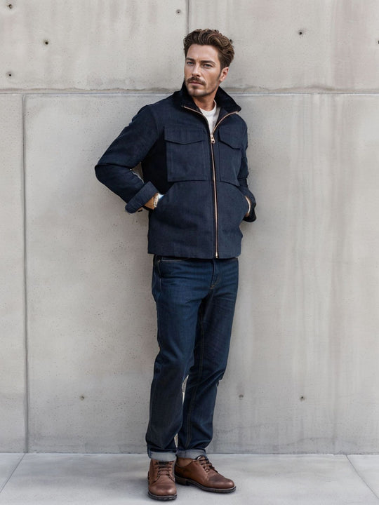 Herren Kurze Denim-Fieldjacke mit Stehkragen, Reißverschluss und aufgesetzten Brusttaschen Shop Nory