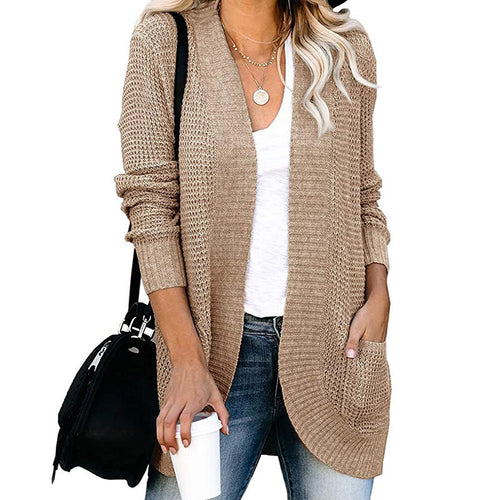 Damen Langer Offener Strickcardigan mit Taschen, Rippbündchen und strukturierter Waffeloptik Shop Nory