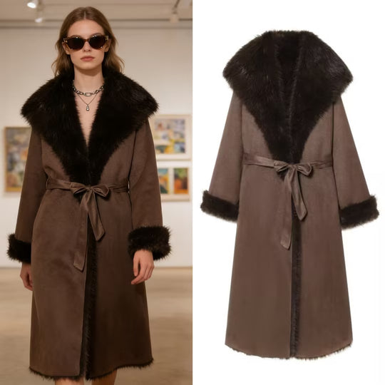 Damen Langer Lammfellimitat-Mantel mit Kapuze, Bindegürtel und Faux‑Fur‑Besatz Shop Nory