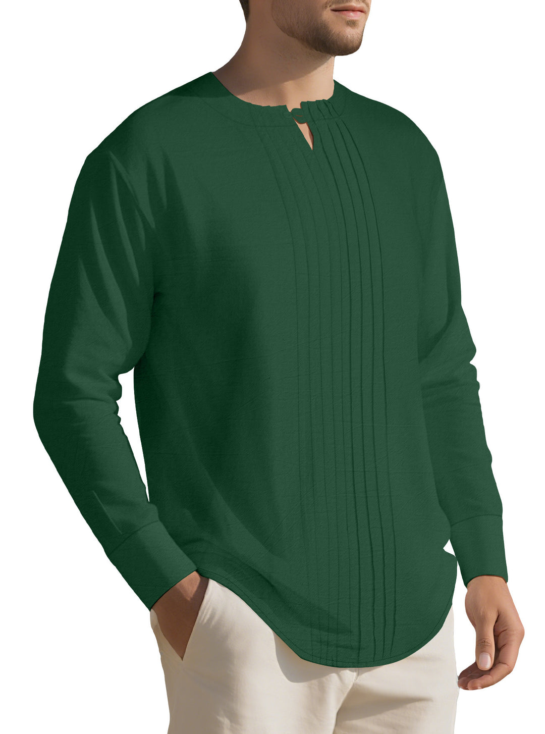 Herren Leichtes Langarmshirt im Leinenlook mit Stehkragen, Kellerfalten und Schlaufenverschluss Shop Nory