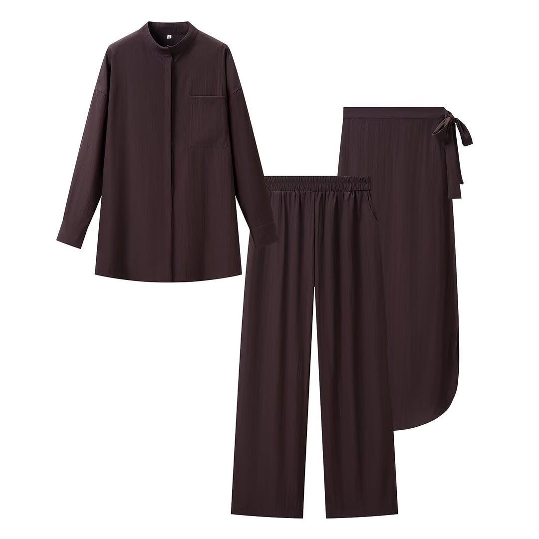 Damen Dreiteiliges Loungewear-Set mit Stehkragen-Hemd, Elastischer Palazzo-Hose und Wickelrock Shop Nory