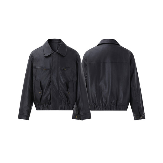 Herren Kurzer Boxy-Lederblouson mit Pattentaschen und elastischem Bund Shop Nory