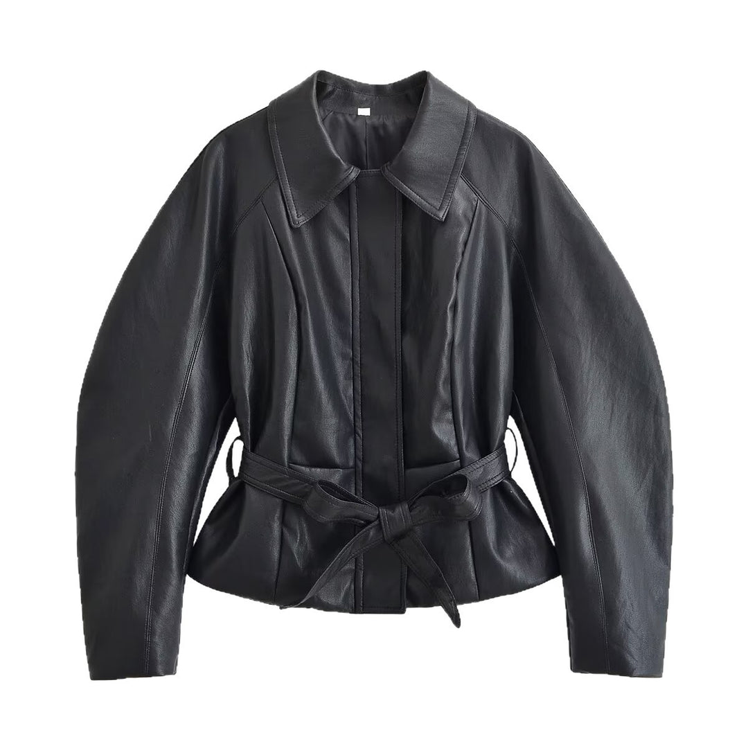 Damen Taillierte Lederoptik‑Jacke mit Bindegürtel und Raglanärmeln Shop Nory