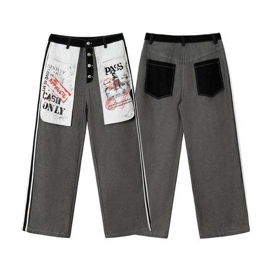 Damen Wide-Leg Cargo-Jeans mit aufgesetzten Grafik-Patches und Kontraststreifen Shop Nory
