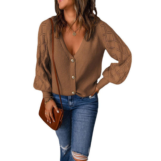 Damen Strickcardigan mit V-Ausschnitt, Zierknopfleiste und Ajourballonärmeln Shop Nory