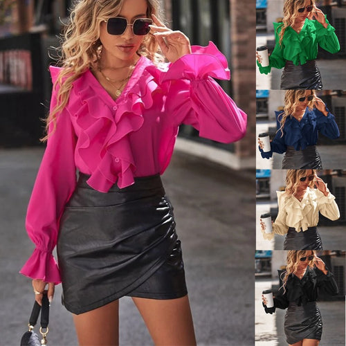 Damen Chiffon-Volantbluse mit V-Ausschnitt und gerafften Manschetten Shop Nory