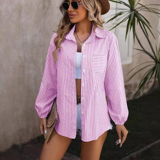 Damen Oversized Hemdbluse mit Streifen, Brusttasche und Ballonärmeln Shop Nory